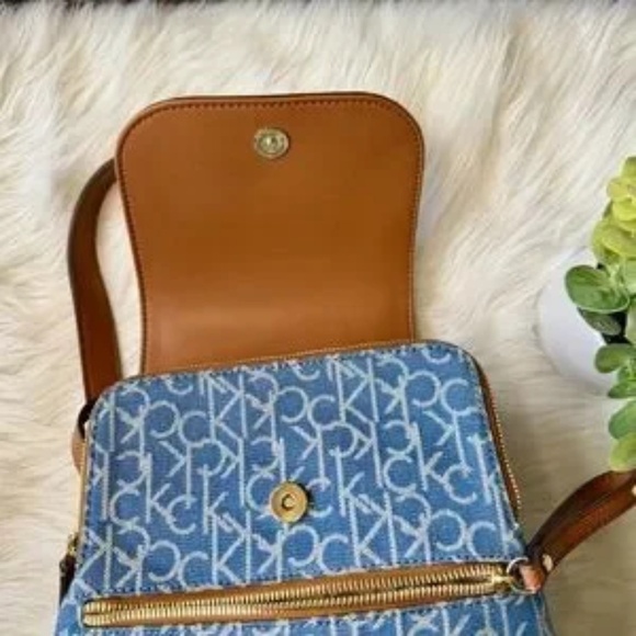 Calvin Klein Elaine Monogram Logo Denim & Brown Faux Leather Mini Backpack - Picture 7 of 14